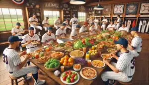 Dali created - Baseball Players sitting - spread of healthy food