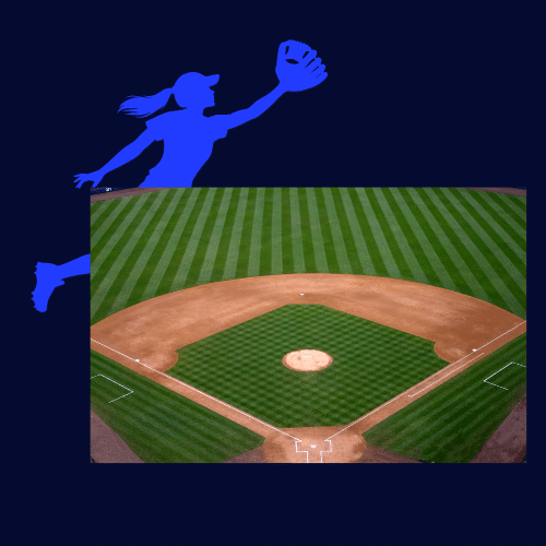 Canva: Image of Girl with pony tail catching ball and baseball diamond