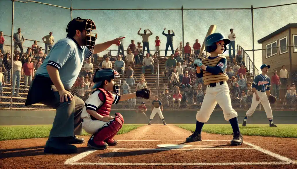 Dali E Animation: Youth batter/catcher/umpire. fans in the stands in background