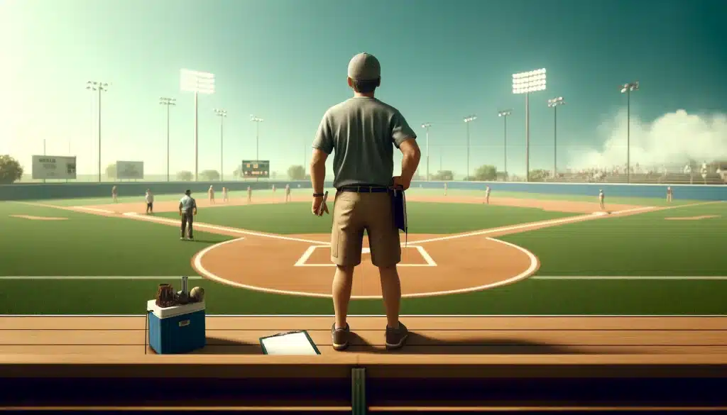 Dali E animation: coa ch standing at homeplate looking toward the field