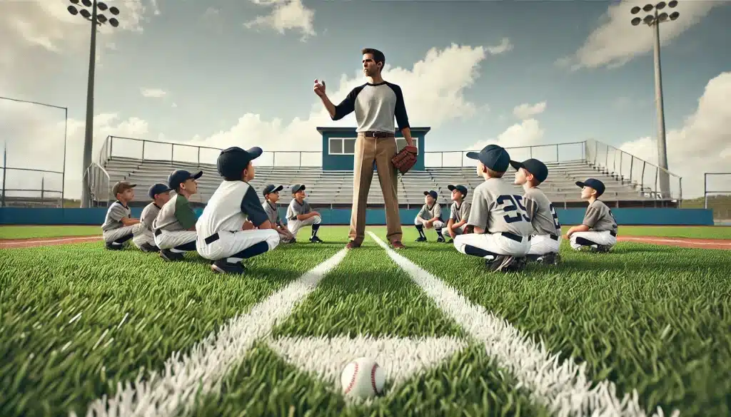 Little League coach with his players  sitted