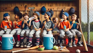 Nutrition Tips for Young Athletes: Complete Guide for Little League Coaches 7 KIds in dugout eating snacks