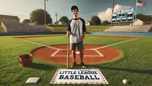 Little League coach standing at home plate with baseball bat. baseball field in the background. Canva imagination