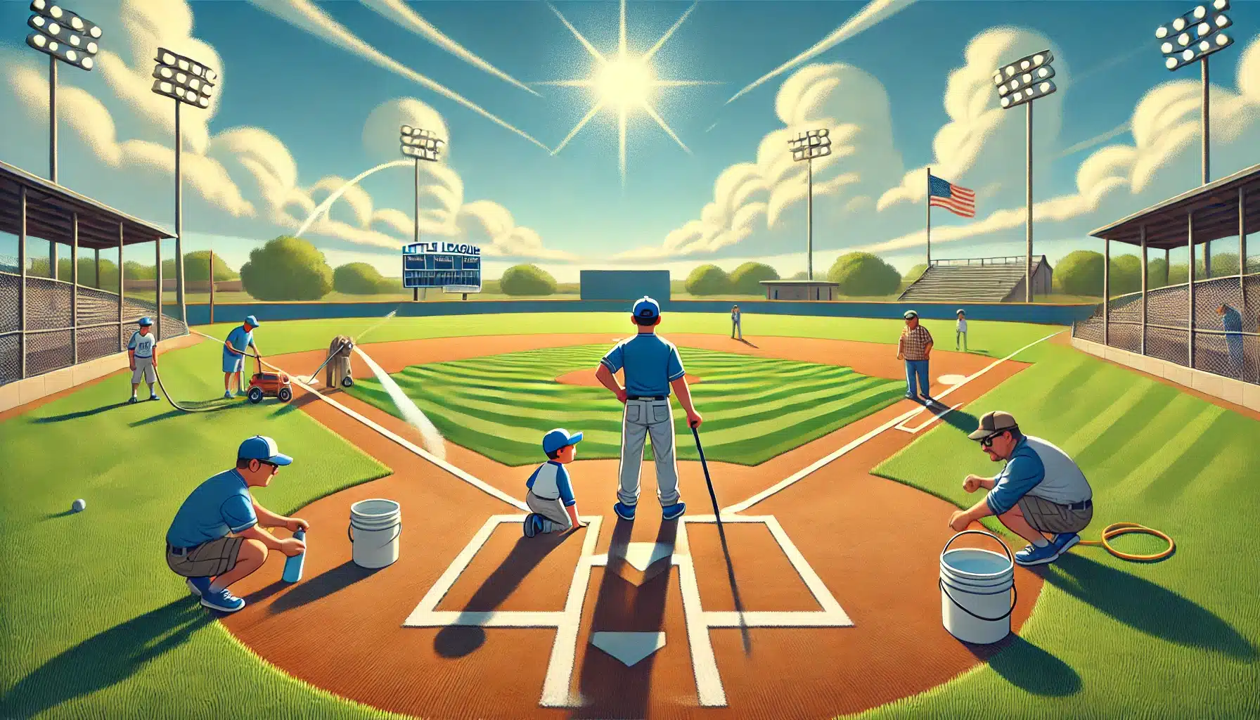 Dali E Animation of Little League Field, coaches and volunteers preparing the field