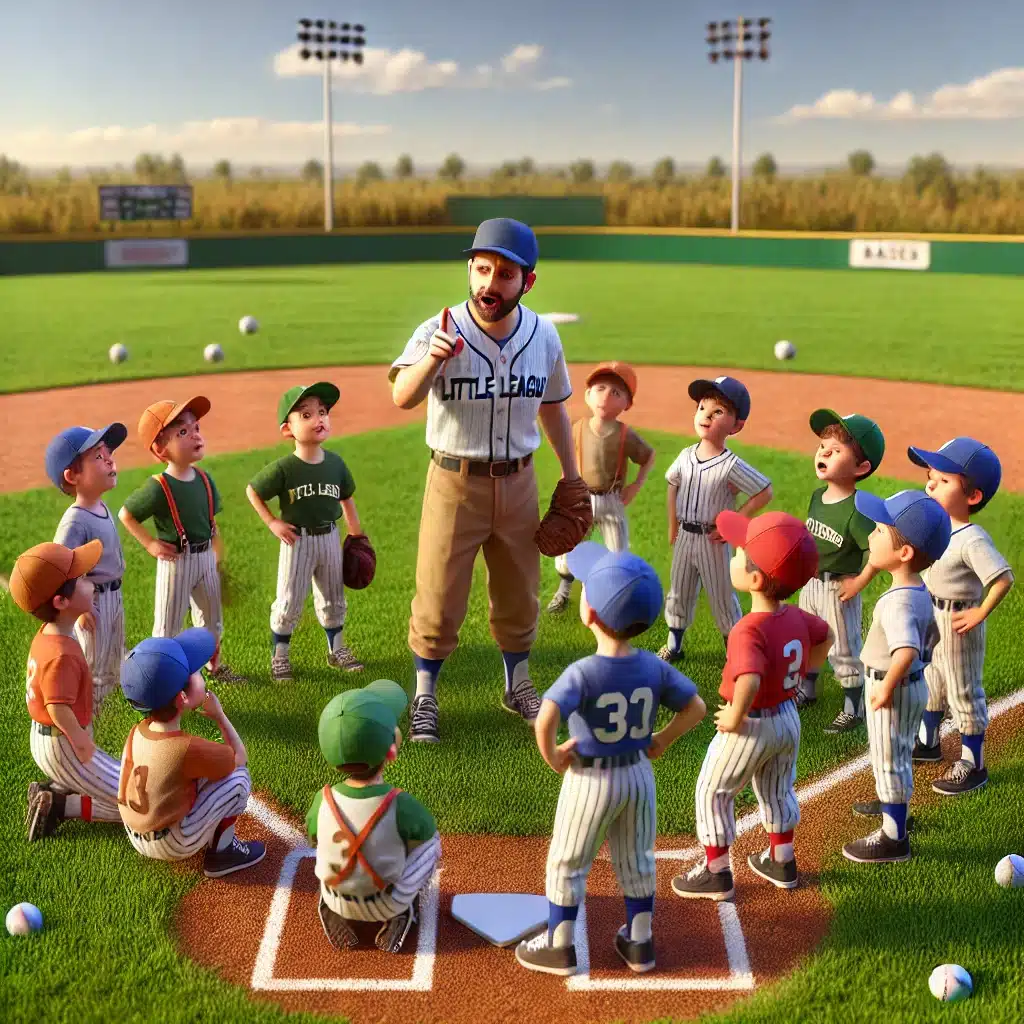 Little League Coaching: 7 Steps to Helping Young Athletes Thrive On and Off the Field 6 Dali E Animation: Coach with his p[layers huddled around him
