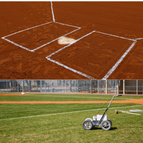 Game Day Ready: The Ultimate 7-Step Guide to Prepping Your Little League Field 8 Canva images: Split screen, chalked up home plate and wide of field with chalk machine
