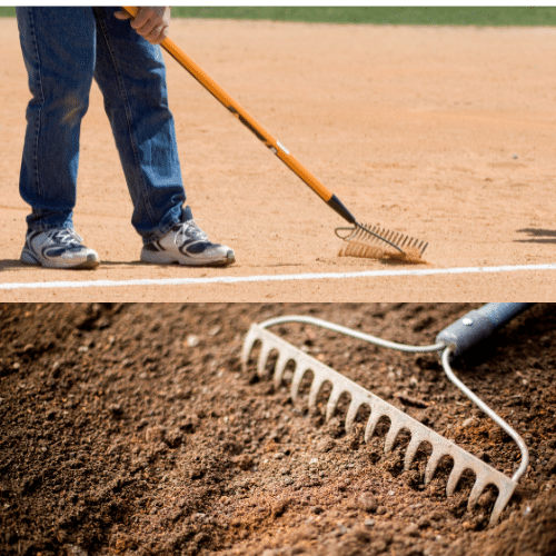 Game Day Ready: The Ultimate 7-Step Guide to Prepping Your Little League Field 5 Canva images: Split screen, rake and person raking baseball infield dirt