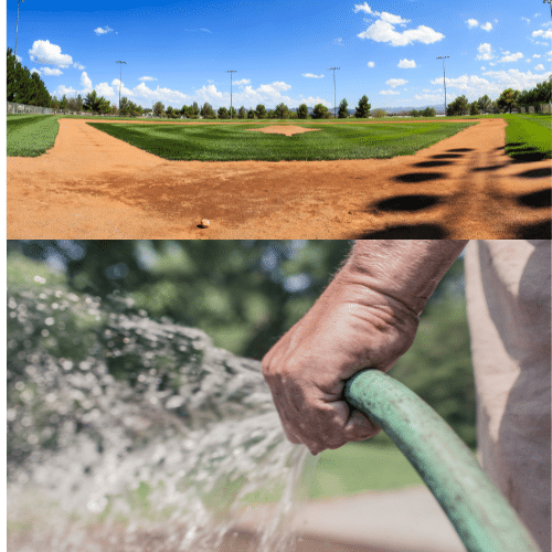 Game Day Ready: The Ultimate 7-Step Guide to Prepping Your Little League Field 6 Canva images: split screen, water hose and dirt baseball field