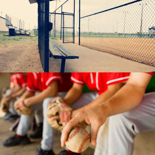 Game Day Ready: The Ultimate 7-Step Guide to Prepping Your Little League Field 9 Canva images: Split screen, Baseball Dugout and players in dugout