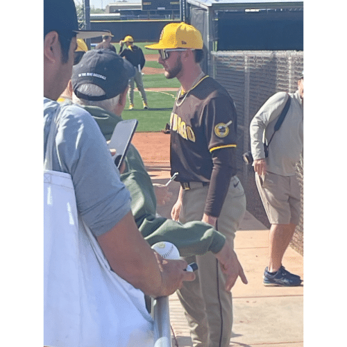 7 Essential Tips for a Short Spring Training Trip 4 Sd Padres Jackson Merrill talking to fans before practice. Peoria Sports Complex. Peoria, AZ