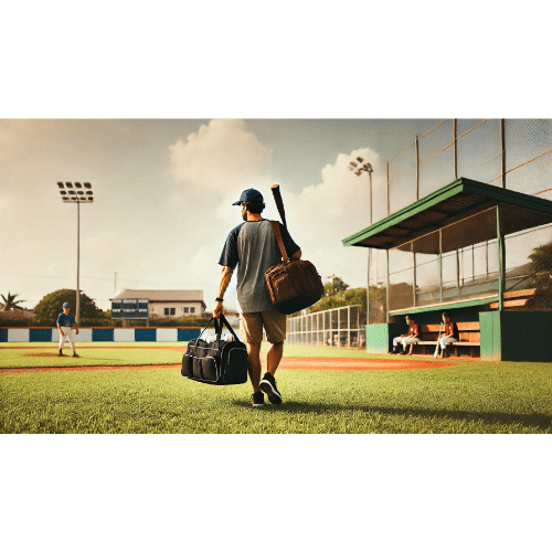 Dali E Animation: Little league coach walking toward the dugout carrying gear