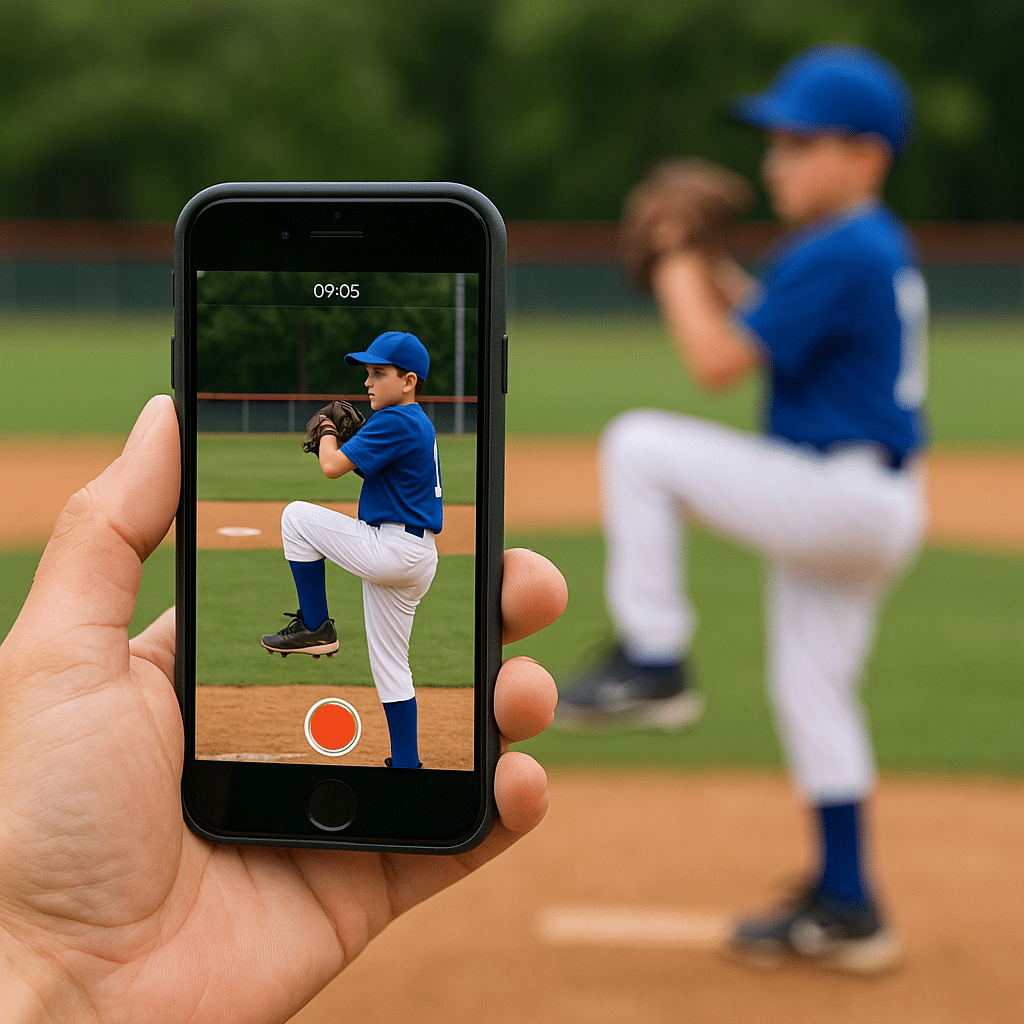 How to Spot and Correct Bad Throwing Mechanics Early 8 Dall-E Animation: Little League pitcher with Iphone recording him