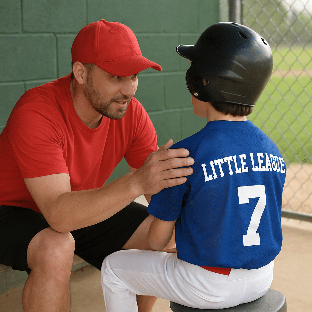 🧢 Coaching Kids Baseball Defense: 5 Field-Tested Tips That Actually Work 7 AI animation: coach giving encouragement to his player