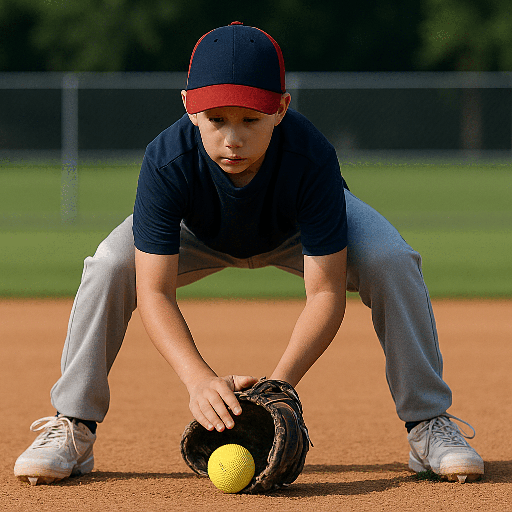 🧢 Coaching Kids Baseball Defense: 5 Field-Tested Tips That Actually Work 4 AI Animation: Little Leaguer fielding grounder using the triangle drill