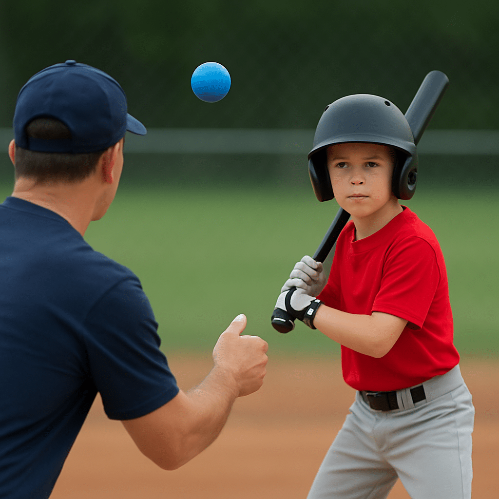 AI Animation: Batter taking BP with coach throwing blue ball