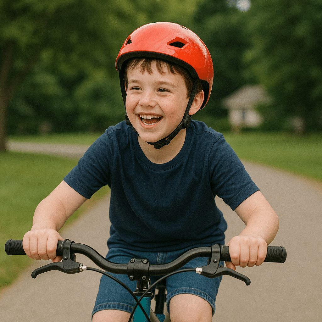 AI Animation: Youngster riding bike, wearing a helmet---he is laughing