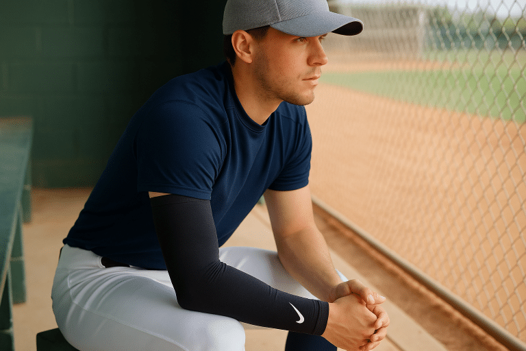 AI Animation: Baseball player in dugout wearing compression sleeve