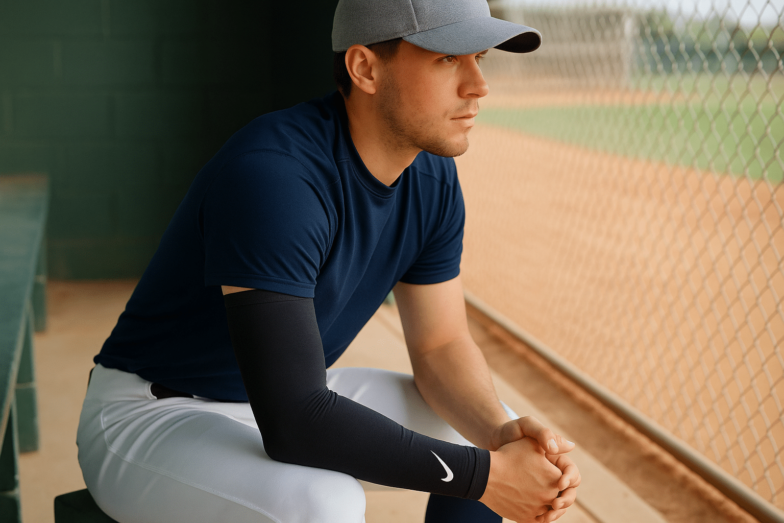 5 Best Compression Arm Sleeves for Pitchers (And Why It Matters in 2025) 1 AI Animation: Baseball player in dugout wearing compression sleeve