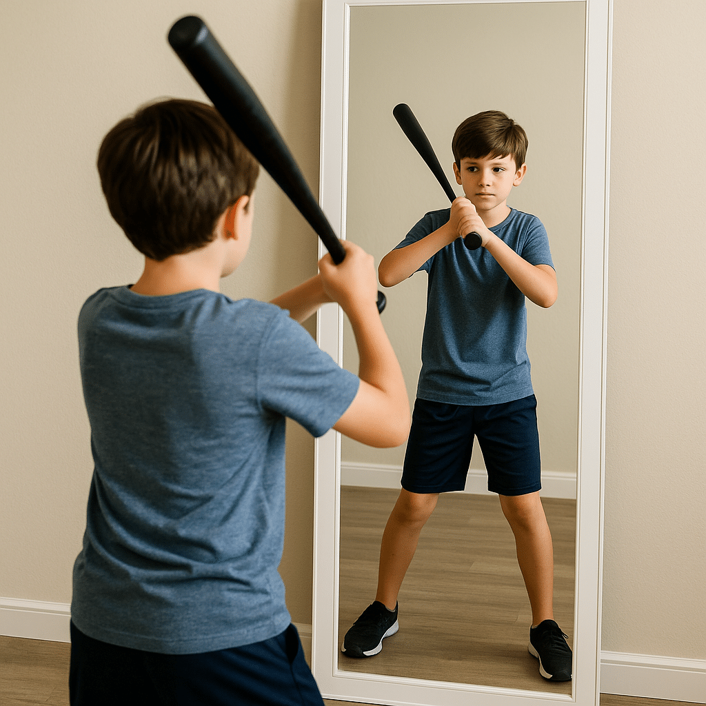 From Babe Ruth to Smart Bats: The Evolution of the Baseball Swing (and How to Help Your Kid Keep Up) 6 AI Animation: Young player with bat looking at his form in the mirror