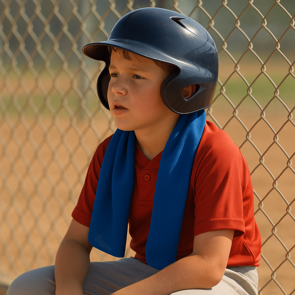 AI Generated--Youth Baseball player with cooling towel draped around his neck
